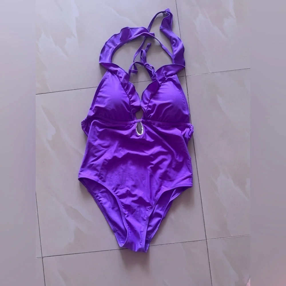 swimsuit one piece ruffles purple M  Summer Beach Cruise Sexi Bathing Suit